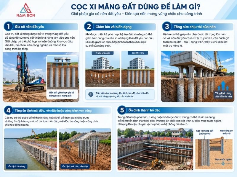 Giải pháp này được sử dụng chủ yếu để cải thiện nền đất yếu, kiểm soát biến dạng và nâng cao khả năng làm việc của nền trong nhiều dạng công trình