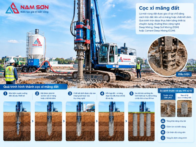 Trong kỹ thuật nền móng, cọc xi măng đất thường được hình thành bằng công nghệ Deep Mixing, trong đó đất tại chỗ được trộn cơ học với chất kết dính và đóng rắn trong lòng đất